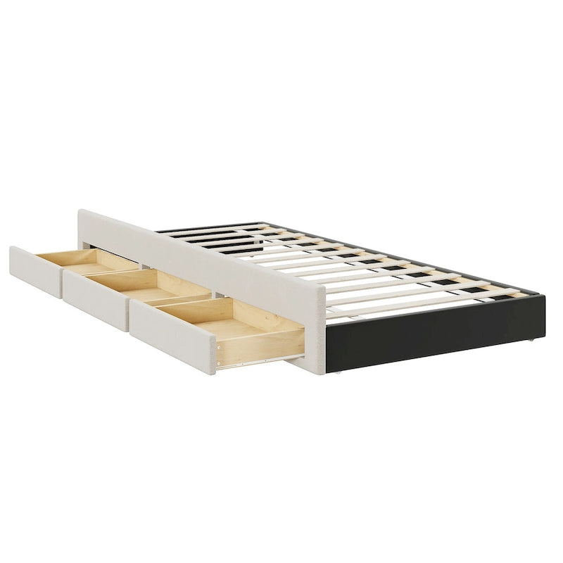 Cama de plataforma tapizada a rayas beige/gris con cama nido y cajones, individual/matrimonial, 1-2 personas