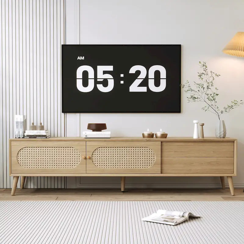 Mueble para TV de madera natural con puertas de ratán, 1 cajón, 2 armarios, apto para televisores de hasta 80", requiere montaje entre 2 personas