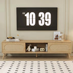 Mueble para TV de madera natural con puertas de ratán, 1 cajón, 2 armarios, apto para televisores de hasta 80", requiere montaje entre 2 personas