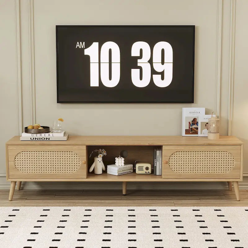 Mueble para TV de madera natural con puertas de ratán, 1 cajón, 2 armarios, apto para televisores de hasta 80", requiere montaje entre 2 personas