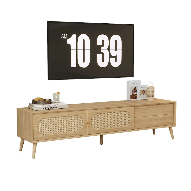 Mueble para TV de madera natural con puertas de ratán, 1 cajón, 2 armarios, apto para televisores de hasta 80", requiere montaje entre 2 personas