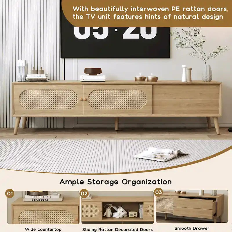 Mueble para TV de madera natural con puertas de ratán, 1 cajón, 2 armarios, apto para televisores de hasta 80", requiere montaje entre 2 personas