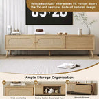 Mueble para TV de madera natural con puertas de ratán, 1 cajón, 2 armarios, apto para televisores de hasta 80", requiere montaje entre 2 personas