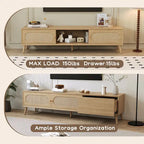 Mueble para TV de madera natural con puertas de ratán, 1 cajón, 2 armarios, apto para televisores de hasta 80", requiere montaje entre 2 personas