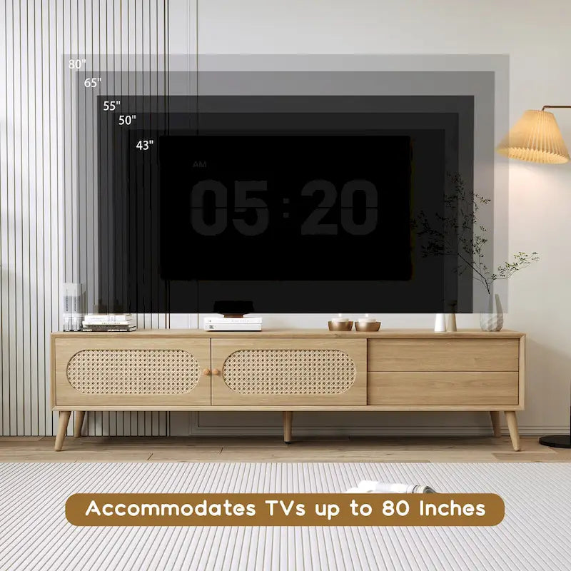 Mueble para TV de madera natural con puertas de ratán, 1 cajón, 2 armarios, apto para televisores de hasta 80", requiere montaje entre 2 personas