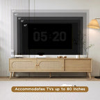 Mueble para TV de madera natural con puertas de ratán, 1 cajón, 2 armarios, apto para televisores de hasta 80", requiere montaje entre 2 personas