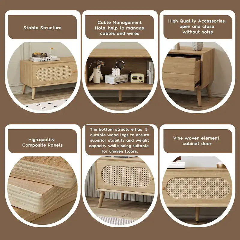 Mueble para TV de madera natural con puertas de ratán, 1 cajón, 2 armarios, apto para televisores de hasta 80", requiere montaje entre 2 personas