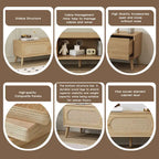 Mueble para TV de madera natural con puertas de ratán, 1 cajón, 2 armarios, apto para televisores de hasta 80", requiere montaje entre 2 personas