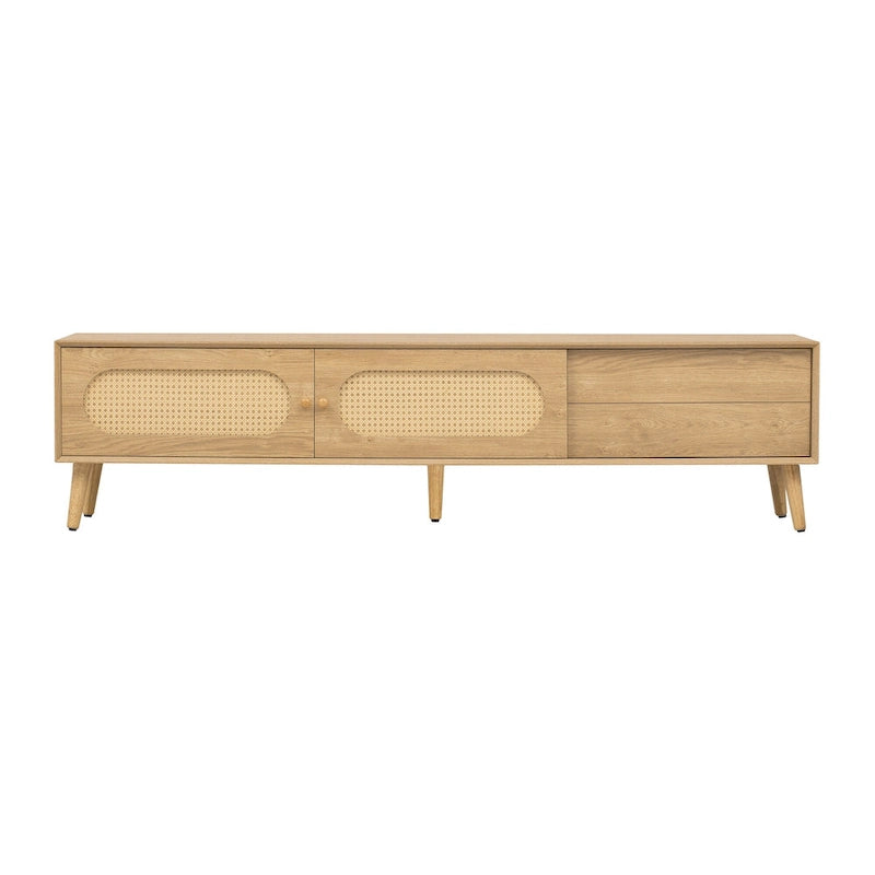 Mueble para TV de madera natural con puertas de ratán, 1 cajón, 2 armarios, apto para televisores de hasta 80", requiere montaje entre 2 personas