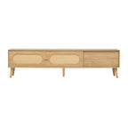 Mueble para TV de madera natural con puertas de ratán, 1 cajón, 2 armarios, apto para televisores de hasta 80", requiere montaje entre 2 personas