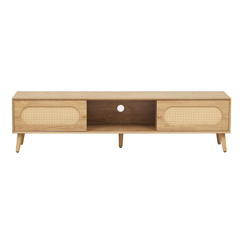 Mueble para TV de madera natural con puertas de ratán, 1 cajón, 2 armarios, apto para televisores de hasta 80", requiere montaje entre 2 personas