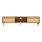 Mueble para TV de madera natural con puertas de ratán, 1 cajón, 2 armarios, apto para televisores de hasta 80", requiere montaje entre 2 personas