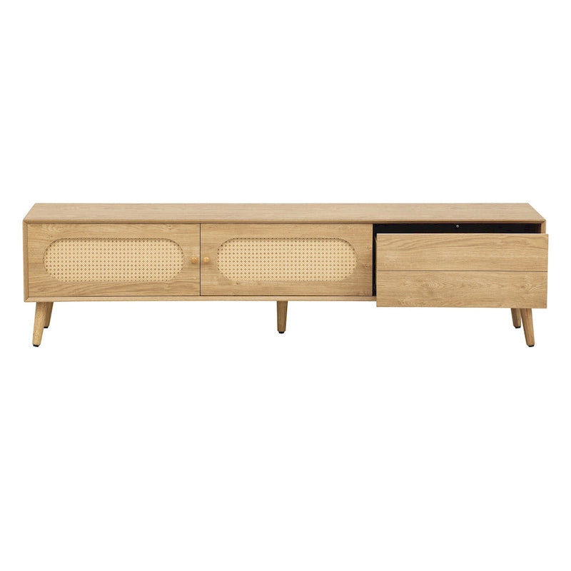 Mueble para TV de madera natural con puertas de ratán, 1 cajón, 2 armarios, apto para televisores de hasta 80", requiere montaje entre 2 personas