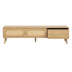 Mueble para TV de madera natural con puertas de ratán, 1 cajón, 2 armarios, apto para televisores de hasta 80", requiere montaje entre 2 personas