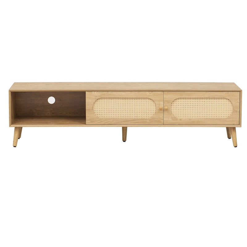 Mueble para TV de madera natural con puertas de ratán, 1 cajón, 2 armarios, apto para televisores de hasta 80", requiere montaje entre 2 personas