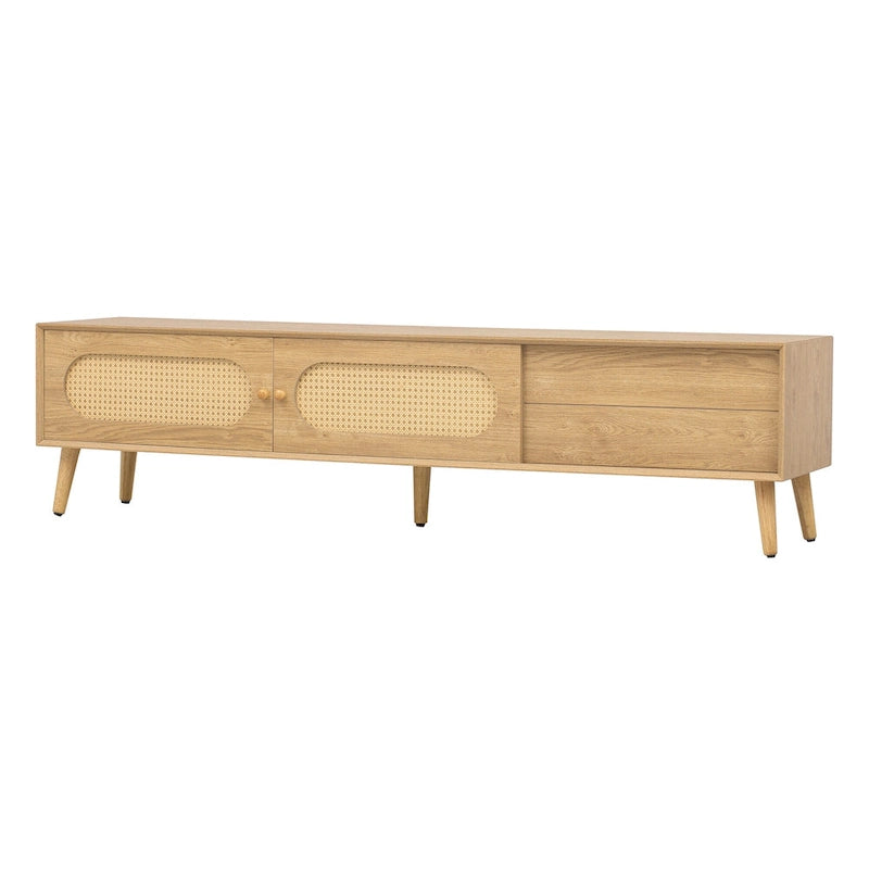 Mueble para TV de madera natural con puertas de ratán, 1 cajón, 2 armarios, apto para televisores de hasta 80", requiere montaje entre 2 personas