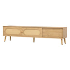 Mueble para TV de madera natural con puertas de ratán, 1 cajón, 2 armarios, apto para televisores de hasta 80", requiere montaje entre 2 personas