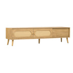 Mueble para TV de madera natural con puertas de ratán, 1 cajón, 2 armarios, apto para televisores de hasta 80", requiere montaje entre 2 personas