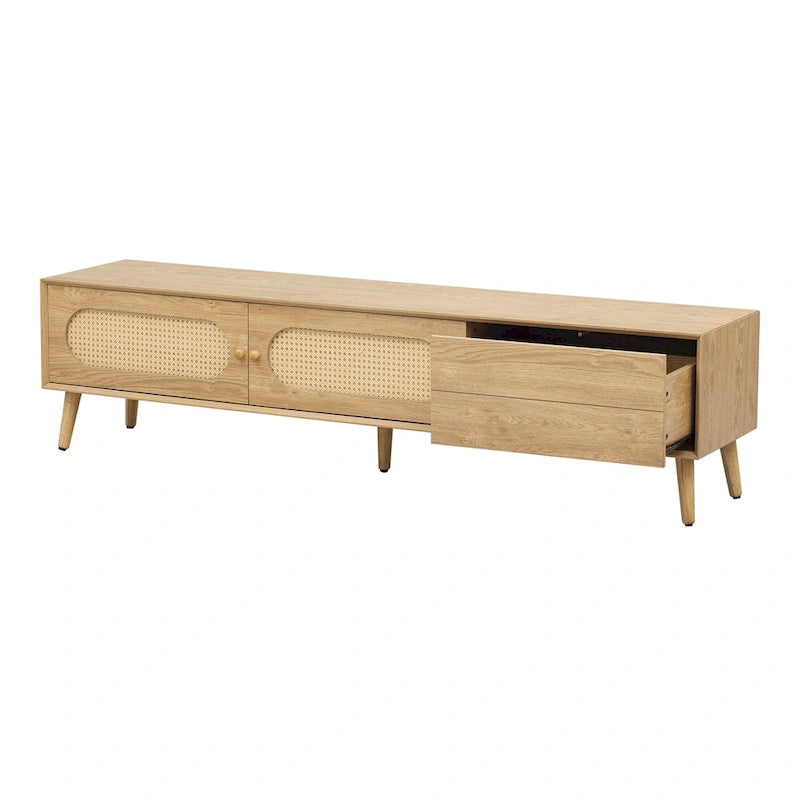 Mueble para TV de madera natural con puertas de ratán, 1 cajón, 2 armarios, apto para televisores de hasta 80", requiere montaje entre 2 personas