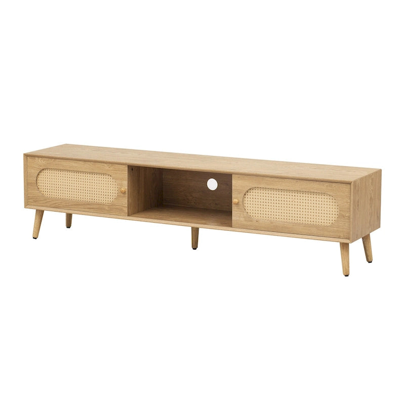 Mueble para TV de madera natural con puertas de ratán, 1 cajón, 2 armarios, apto para televisores de hasta 80", requiere montaje entre 2 personas