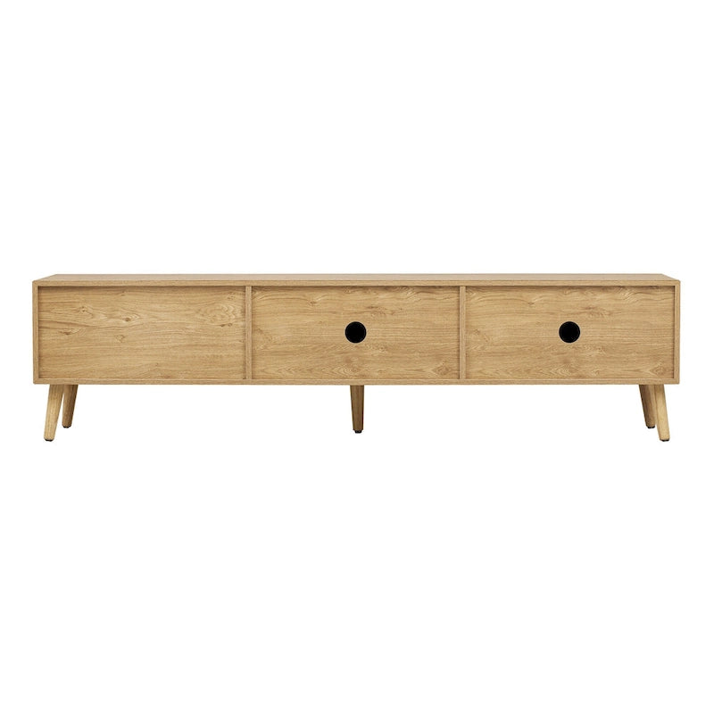 Mueble para TV de madera natural con puertas de ratán, 1 cajón, 2 armarios, apto para televisores de hasta 80", requiere montaje entre 2 personas