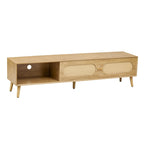 Mueble para TV de madera natural con puertas de ratán, 1 cajón, 2 armarios, apto para televisores de hasta 80", requiere montaje entre 2 personas