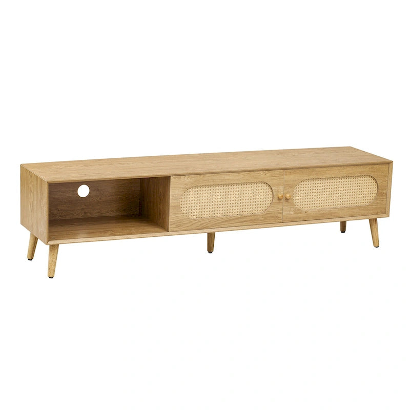 Mueble para TV de madera natural con puertas de ratán, 1 cajón, 2 armarios, apto para televisores de hasta 80", requiere montaje entre 2 personas