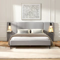 Cama con plataforma de lino gris con luces y estantes, Queen, 2 personas