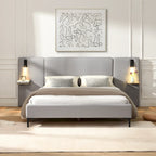 Cama con plataforma de lino gris con luces y estantes, Queen, 2 personas
