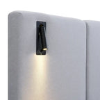Cama con plataforma de lino gris con luces y estantes, Queen, 2 personas