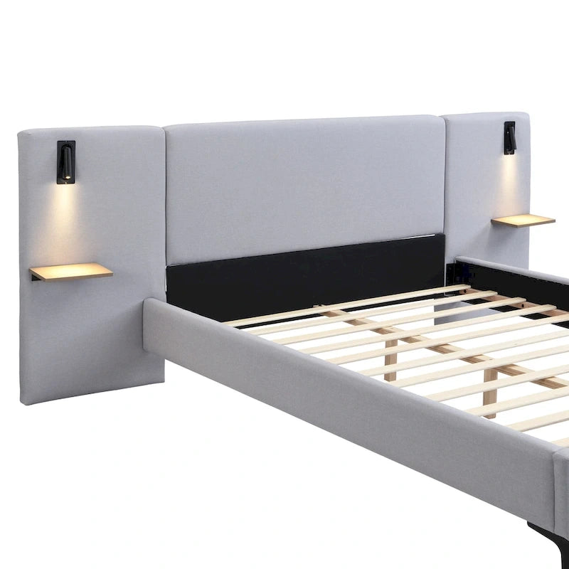 Cama con plataforma de lino gris con luces y estantes, Queen, 2 personas