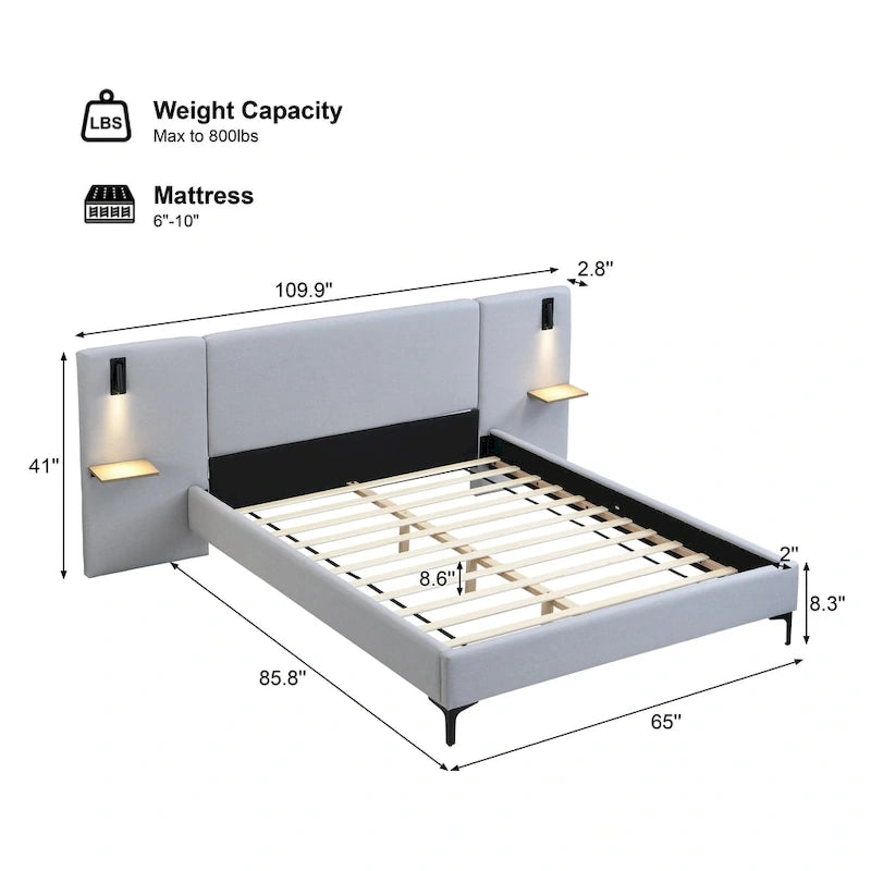 Cama con plataforma de lino gris con luces y estantes, Queen, 2 personas