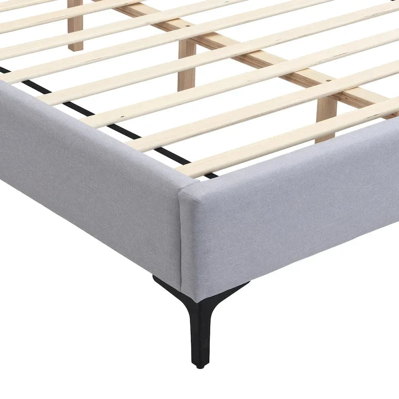 Cama con plataforma de lino gris con luces y estantes, Queen, 2 personas