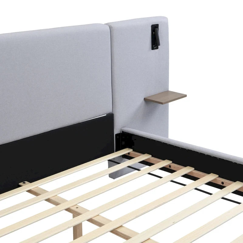 Cama con plataforma de lino gris con luces y estantes, Queen, 2 personas