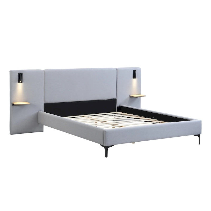 Cama con plataforma de lino gris con luces y estantes, Queen, 2 personas