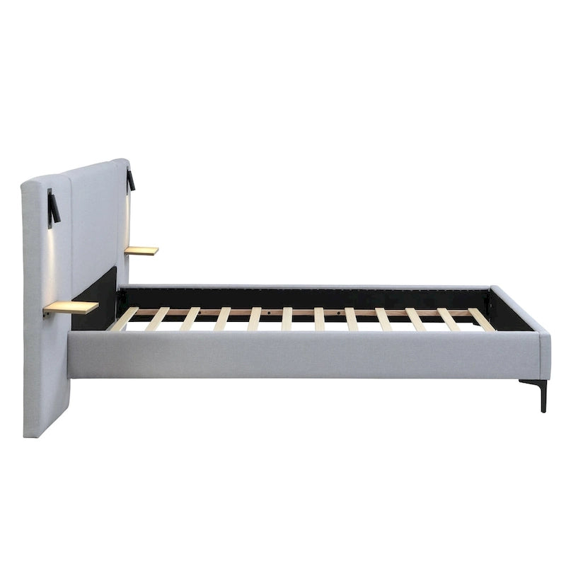 Cama con plataforma de lino gris con luces y estantes, Queen, 2 personas