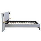 Cama con plataforma de lino gris con luces y estantes, Queen, 2 personas