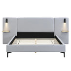Cama con plataforma de lino gris con luces y estantes, Queen, 2 personas