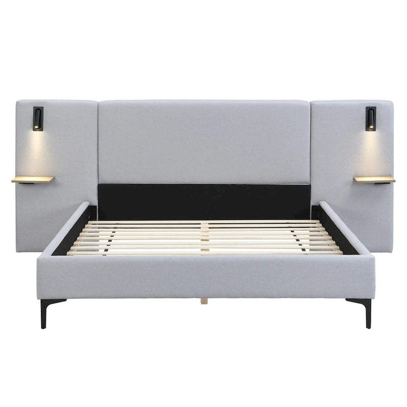 Cama con plataforma de lino gris con luces y estantes, Queen, 2 personas