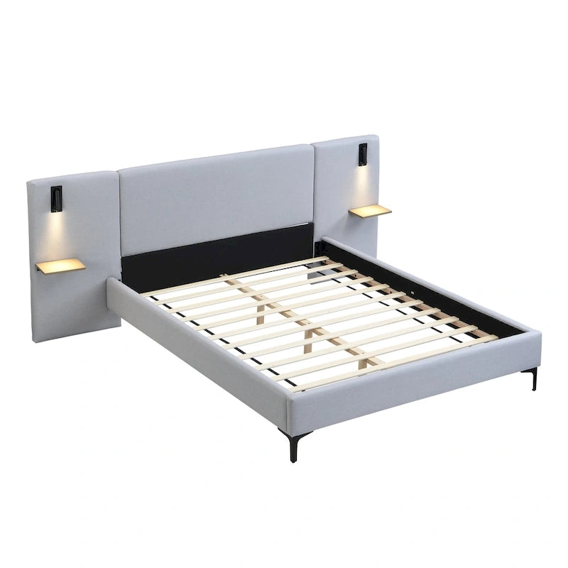 Cama con plataforma de lino gris con luces y estantes, Queen, 2 personas