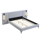 Cama con plataforma de lino gris con luces y estantes, Queen, 2 personas