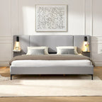 Cama con plataforma de lino gris con luces y estantes, Queen, 2 personas