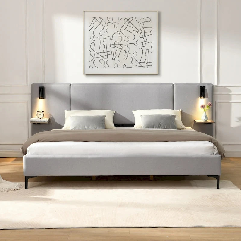 Cama con plataforma de lino gris con luces y estantes, Queen, 2 personas