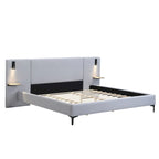 Cama con plataforma de lino gris con luces y estantes, Queen, 2 personas