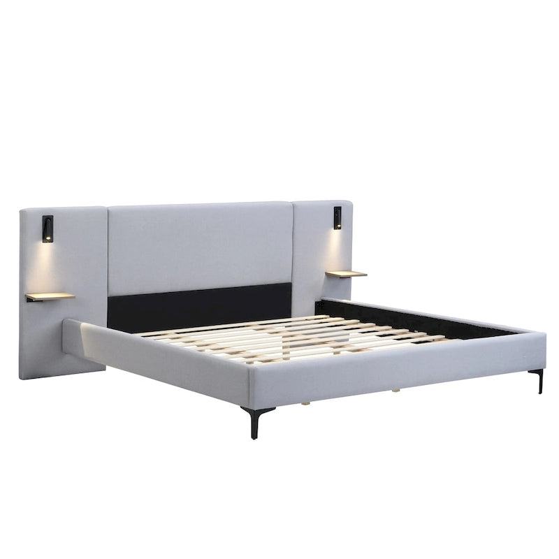 Cama con plataforma de lino gris con luces y estantes, Queen, 2 personas