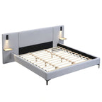 Cama con plataforma de lino gris con luces y estantes, Queen, 2 personas
