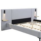 Cama con plataforma de lino gris con luces y estantes, Queen, 2 personas