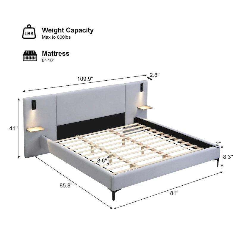 Cama con plataforma de lino gris con luces y estantes, Queen, 2 personas