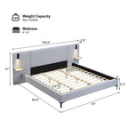 Cama con plataforma de lino gris con luces y estantes, Queen, 2 personas
