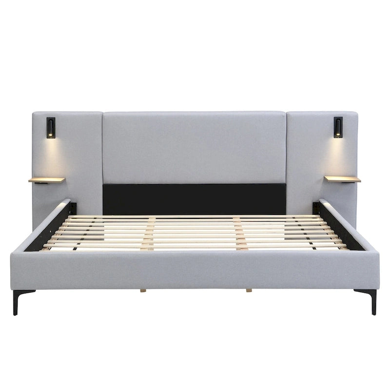 Cama con plataforma de lino gris con luces y estantes, Queen, 2 personas